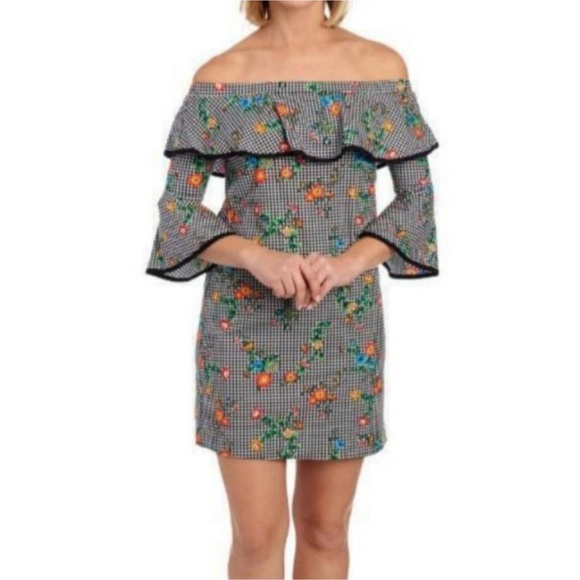BeBop Black Gingham Plaid Checkered Off Shoulder Floral Mini Dress medium - Picture 1 of 4